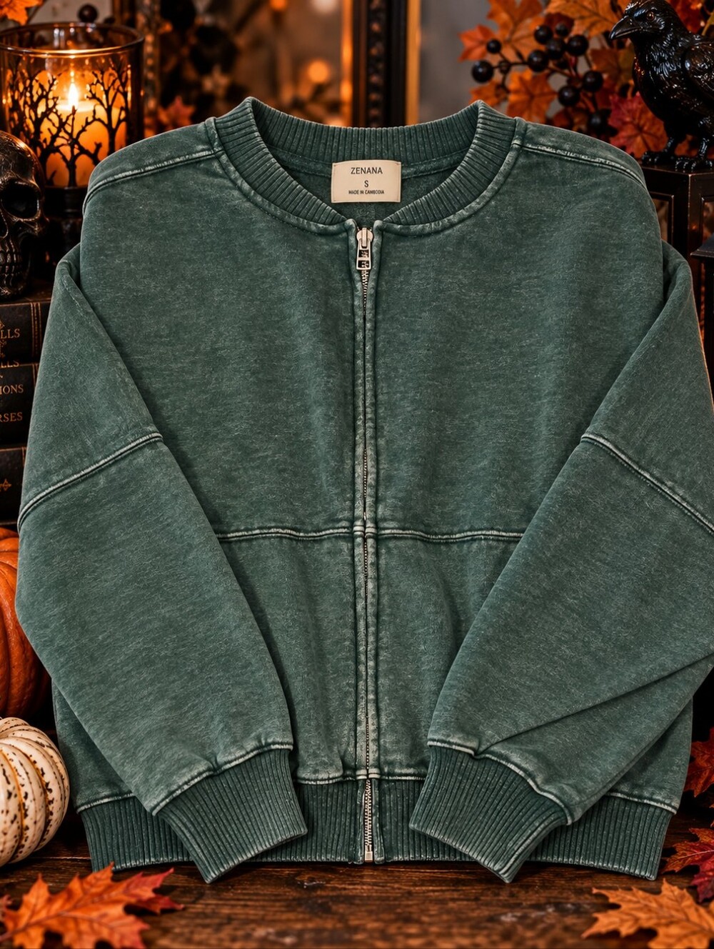 Zenana NIP Oversized Mineral Wash Zip Up Bomber Sweatshirt Green S